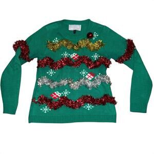 Derek Heart Ugly Christmas Tree Sweater Green Metallic Tinsel Garland LG